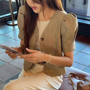韩系chic夏季复古气质v领单排扣宽松百搭泡泡袖短款外套女