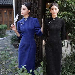 老上海复古国风雪尼尔，旗袍中长款修身显瘦秋冬气质高端妈妈装
