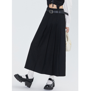 LINFANGING 黑色高腰西装半身裙设计感a字裙显瘦中长款百褶裙伞裙