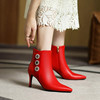 红色新娘鞋红色高跟短靴金属水钻显瘦细跟尖头短靴大码43 44 45