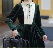 七与珍珠原创《莉娜庄园》秋季古典风格长袖绿色，丝绒小洋装连衣裙