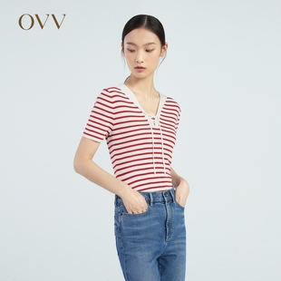 OVV春夏女装桑蚕丝亚麻混纺系带海军风条纹短袖针织衫