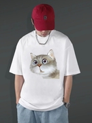 3D立体逼真萌猫咪橘猫图案纯棉圆领短袖T恤男女动物图案情侣上衣