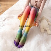 跨境日系彩虹袜子女 薄款个性条纹彩色春秋渐变连裤袜派对丝袜