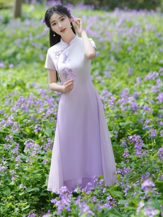 淡紫色奥黛旗袍裙2023年夏季雪纺日常可穿气质，改良连衣裙年轻