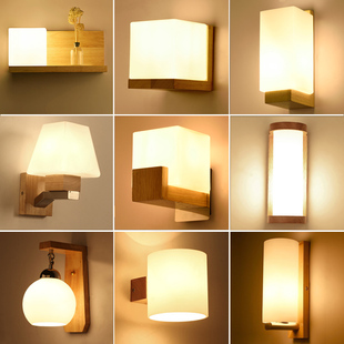 日式led实木墙壁灯现代简约卧室，床头灯具北欧创意客厅楼梯过道灯