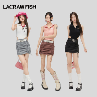 lacrawfish美式辣妹复古小心机腰部镂空抽褶针织拼接无袖连衣裙