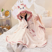 卡通猫咪可爱珊瑚绒加厚可外穿睡衣女秋冬季毛绒连帽斗篷甜美睡袍