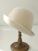 澳洲羊毛100%wool渔夫帽呢子可卷边复古纯色羊毛盆帽显脸小日系韩