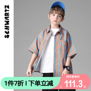 schwartz童装男童条纹半袖衬衫，2024夏装儿童洋气短袖衬衣外套