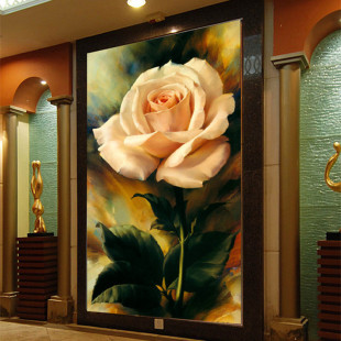 8D立体玫瑰花玄关壁画大气竖版油画花卉过道壁纸走廊尽头艺术贴画
