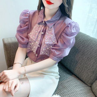 2024夏季韩版短袖钉珠泡泡袖缎面衬衫女超仙的雪纺衫