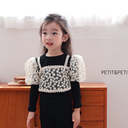 2023秋冬韩国童装Petit女童宝宝时尚公主蕾丝假两件打底衫T恤