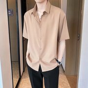 夏季短袖衬衫男浅咖色设计感小众工装衬衣五分袖宽松冰丝半袖寸衣