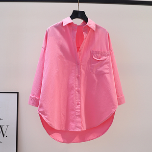 玫粉色中长款衬衫女宽松长袖，棉衬衣2024春季设计感口袋上衣外套潮