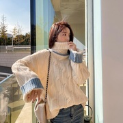 韩版拼色麻花高领毛衣外套，女厚学生冬季甜美套头针织衫百搭上衣潮