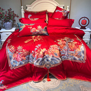 豪华100支婚庆床上用品四件套，中式结婚十件套大红刺绣花被套床单