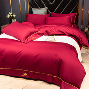欧式60支长绒棉婚庆四件套，简约全棉大红色纯色，1.8m结婚床上用品