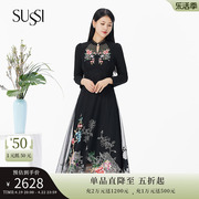 SUSSI/古色23春商场同款黑色网纱主题刺绣花边立领连衣裙