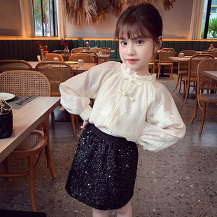 女童新中式刺绣衬衫春装2024洋气儿童国风长袖衬衣女孩打底衫
