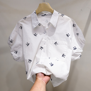 蝴蝶结印花收口灯笼袖衬衫，2024女款夏季短袖上衣白色短款衬衣