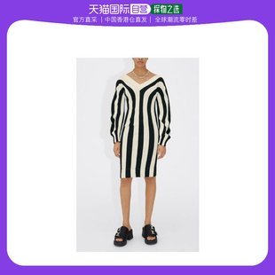 99新未使用香港直邮BALENCIAGA 女士黑白色条纹大V领长袖连衣