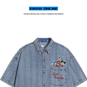 xman港风水洗牛仔短袖衬衫，青少年学生米奇刺绣春夏衬衣外套男