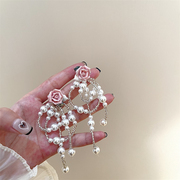法式粉色玫瑰花朵耳环耳钉，珍珠透明水晶串珠可爱小众独特耳饰女