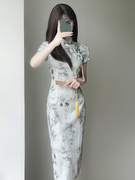 中国风水墨印花旗袍2023年夏季复古优雅气质年轻款少女连衣裙