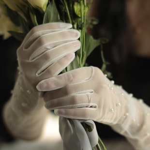 《吉家》原创韩版夏季新娘透明网纱进口珍珠中长款结婚婚纱手套