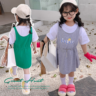 韩版女童短袖长T裙2023夏装宝宝洋气休闲假两件儿童夏季T恤薄