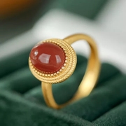 镀s925银仿南红戒指，镶嵌南红玛瑙蛋面几何型复古宫廷风开口指环