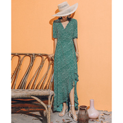 弥古原创雪纺v领绿色，波西米亚连衣裙长裙，度假沙滩裙泰国风情裙子