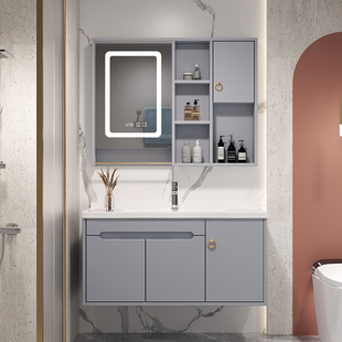 轻奢橡木浴室柜陶瓷一体盆，组合现代简约实木，智能卫生间洗漱洗手盆
