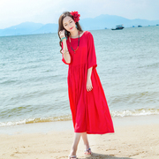 三亚沙滩裙长裙民族风红色连衣裙女大码棉麻原创裙子夏季旅游衣服
