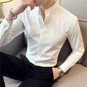 薄款条纹纹路衬衫男长袖高级感休闲立领白色上衣外套潮流休闲衬衣