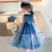 女童夏装连衣裙女宝宝，孔雀蓝洋时髦纱裙，儿童夏季2024韩版裙子