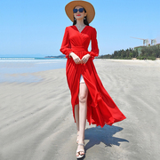 波西米亚性感连衣裙超仙气质系带裹裙显瘦减龄雪纺长裙海边沙滩裙