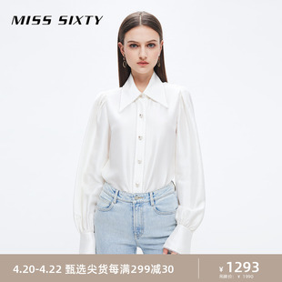 misssixty2023秋季衬衫，女桑蚕丝翻领钉珠复古灯笼袖通勤杏色