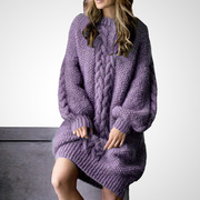 紫色针织连衣裙女季2019中长款宽松加厚长袖冬天毛衣裙子