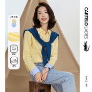 鳄鱼黄色条纹长袖衬衫，女秋季2023韩版宽松显瘦设计感百搭衬衣