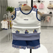夏季miki日系童装男宝宝，背心套装卡通小熊，肩扣无袖短裤两件套