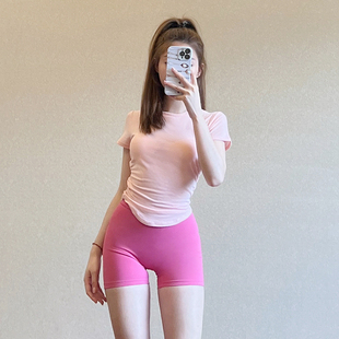 健身短袖女t恤跑步运动芭比粉色瑜伽服上衣，套装遮肉训练罩衫夏