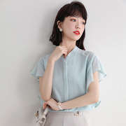 夏季女装韩版短袖雪纺衬衫荷叶边气质圆领上衣大码休闲衬衣