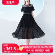 aui黑色蕾丝雪纺连衣裙，女2023夏季设计感气质，一字肩大摆长裙