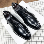 夏季方头男士系带黑色商务休闲皮鞋韩版潮流鞋子复古英伦风皮鞋