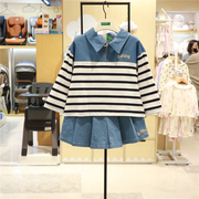 BENETTON KIDS 韩国女童短袖拼接色条纹牛仔半身裙套装24春季