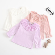 女婴童2021韩版上衣秋装女宝宝纯色娃娃领长袖T恤打底衫