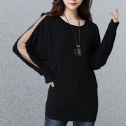黑色莫代尔棉t恤女性感，网纱拼接长袖，蝙蝠衫宽松显瘦遮肉圆领上衣