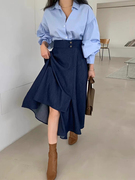 韩国chic春季温柔奶蓝灯笼袖衬衫+高腰显瘦不规则半身裙套装